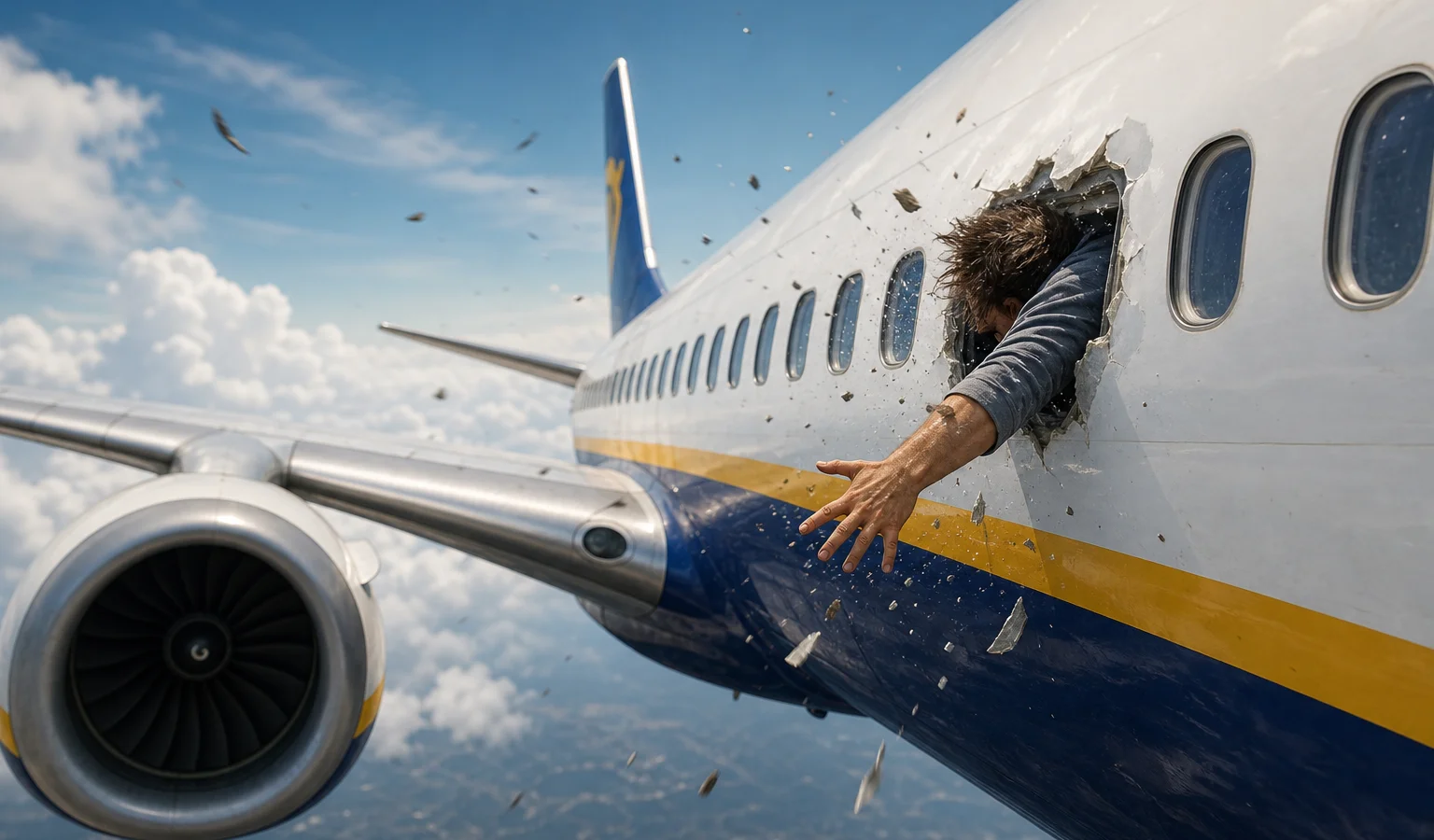 Ilustracja do artykułu: Fragmenty silnika uszkodziły okno samolotu Ryanair, pasażer częściowo wciągnięty na zewnątrz