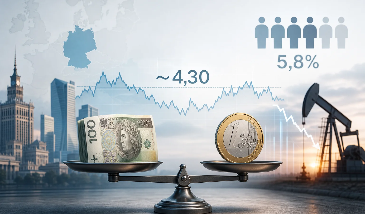 Ilustracja do artykułu: Stabilizacja złotego przy kursie euro bliskim 4,30 zł wspierana przez czynniki zewnętrzne